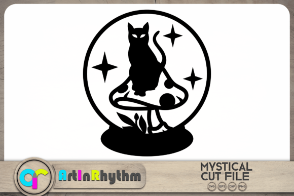 Celestial Crystal Ball Cat on Mushroom Embroidery Design